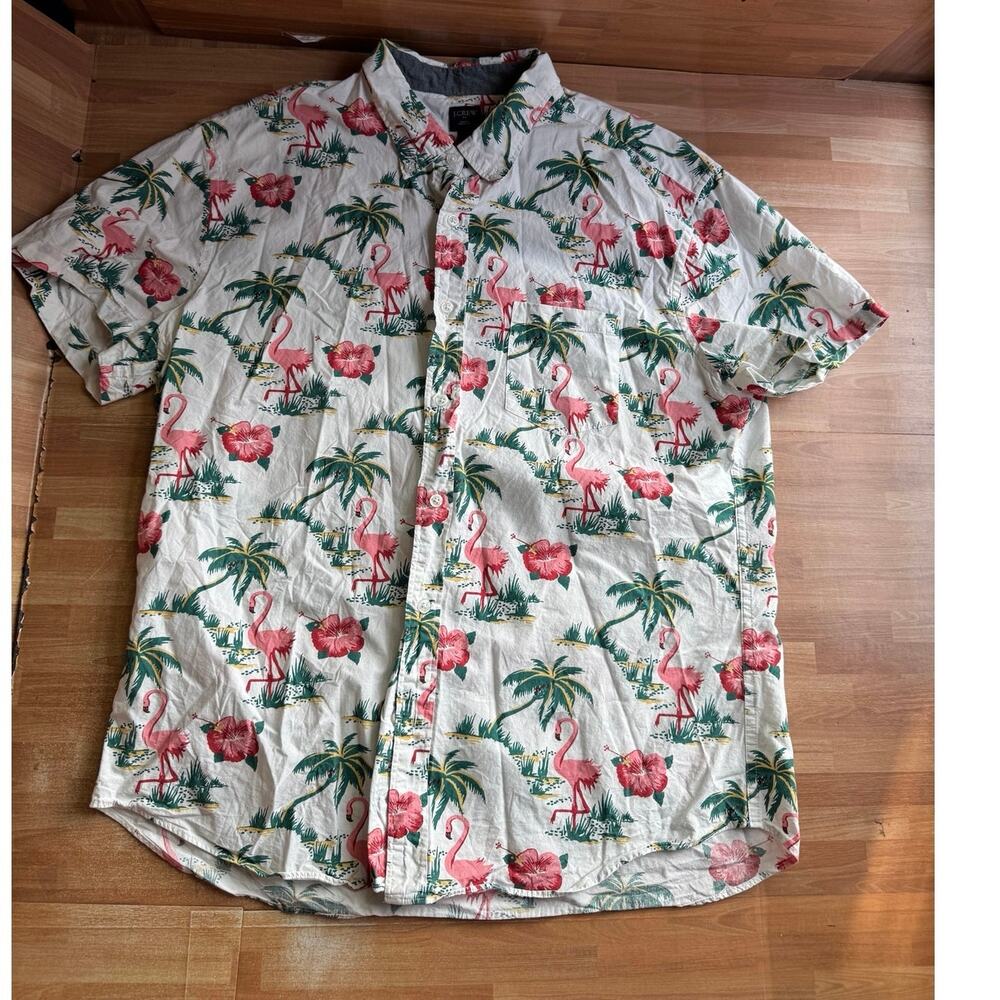 J.Crew short-sleeve button-down shirt tropical print, flamingos, hibiscus